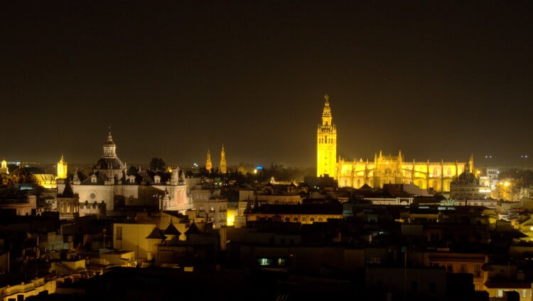 Seville's skyline at night.