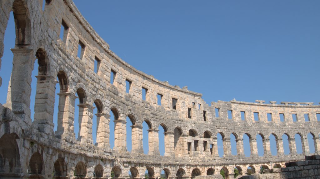 The amphitheatre of Pula. Somehow the outer wall has survived since Roman times.