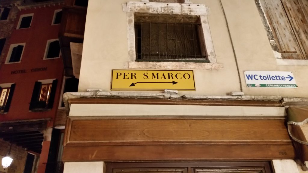 A sign showing the way to St Mark's Square, pretty much sums up the maze of Venice perfectly.