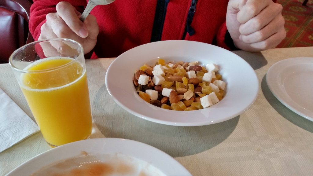 Pedr's standard breakfast: a big bowl full of nuts.