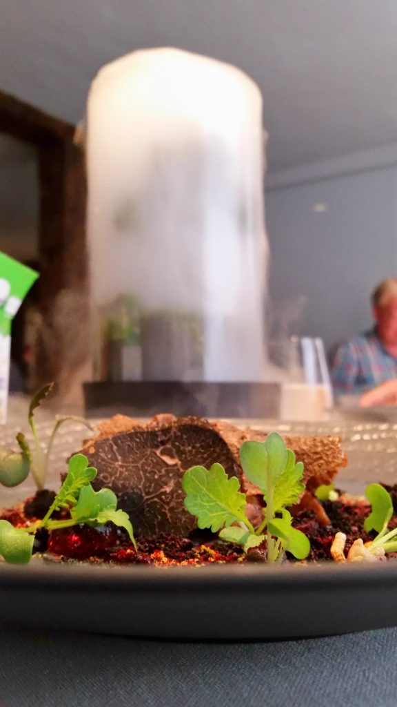Truffles and mushrooms with a misty forest in the glass case behind it.