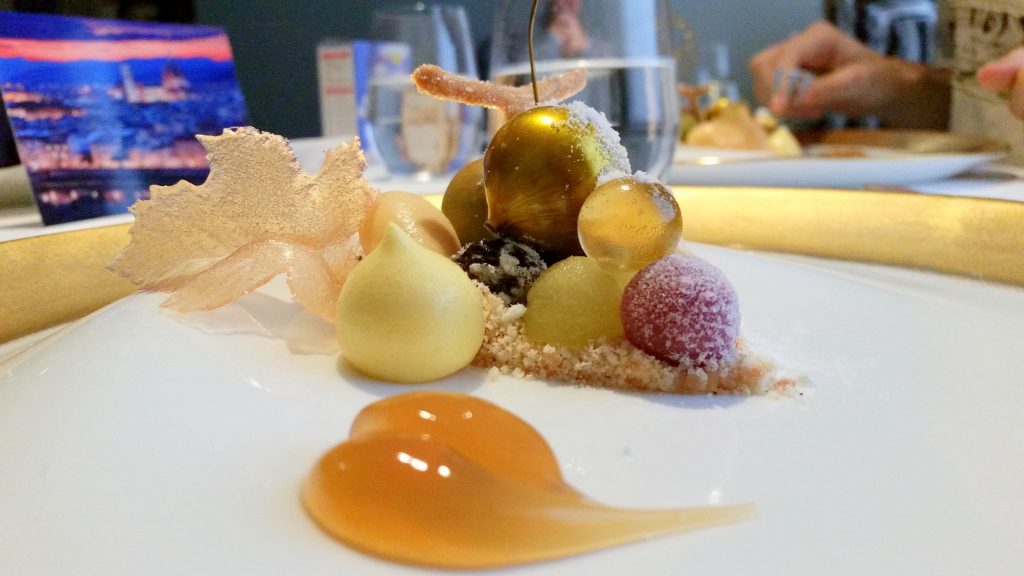 Dessert wine themed dessert. Each bauble is a different flavour you get in dessert wine. So you get apricot, citrus, honey and even fizzy.