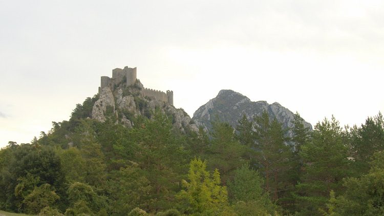 Puilaurens Chateau perched up high on a rocky outcrop.