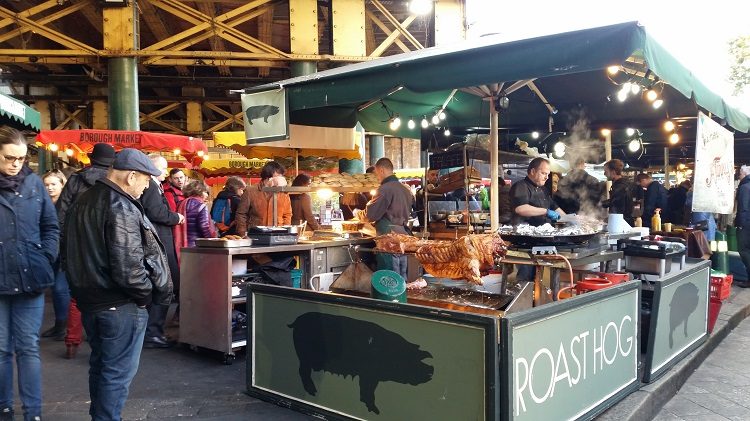 The famous Borough Food Market in full swing. It has a wide variety of lunch meals from around the world as well as plenty of sweet snack options. And good coffee (which is hard to find in London).