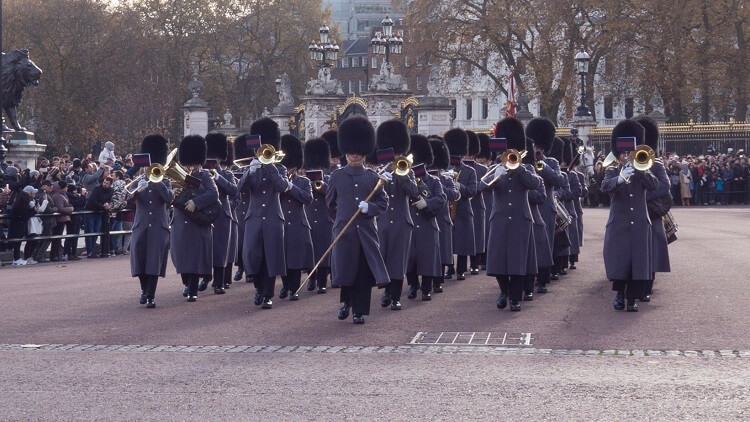 The marching band from the changing of the guard ceremony outside Buckingham Palace.