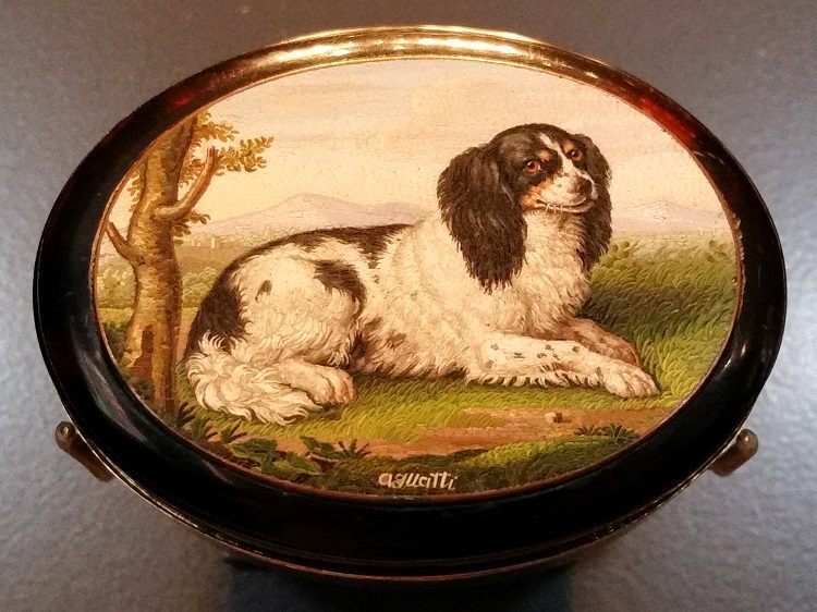 This snuffbox is about the size of a credit card, but the picture is actually a mosaic made from pieces of coloured glass as small as 1mm.