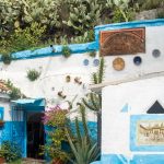 A blue and white painted house built into a cave with prickly pear cacti growing on the hill above it.