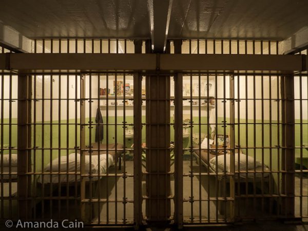 A picture of two furnished cells in Alcatraz.
