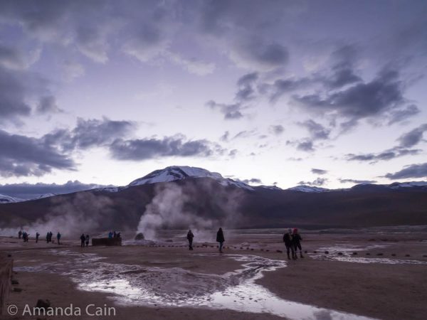 The steaming Geyser del Tatio just before dawn.