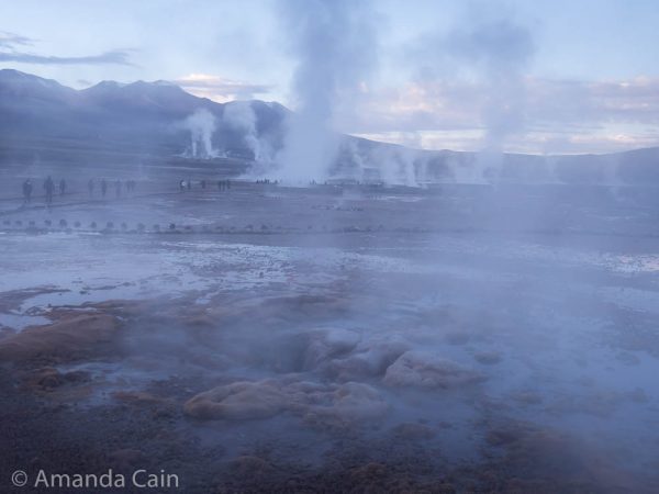 The steaming Geyser del Tatio just before dawn.