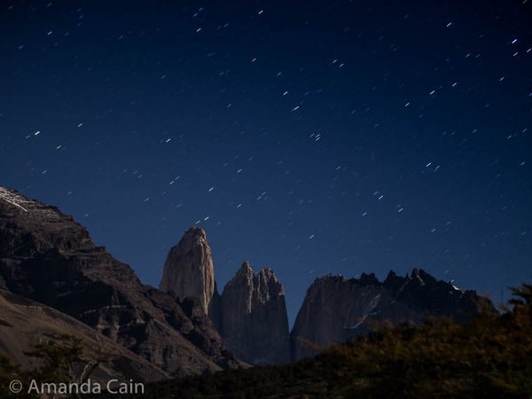 The Towers of Torres del Paine at night.