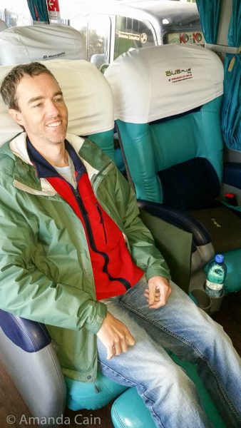 Pedr finally getting to enjoy a proper luxury bus.