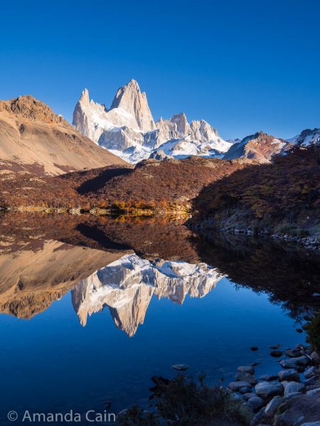 Mount Fitz Roy perfectly reflected in Laguna Capri.