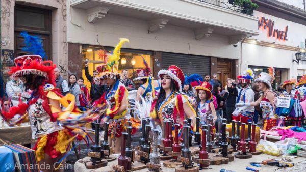 Dancers and their band dancing their way through the San Telmo market.