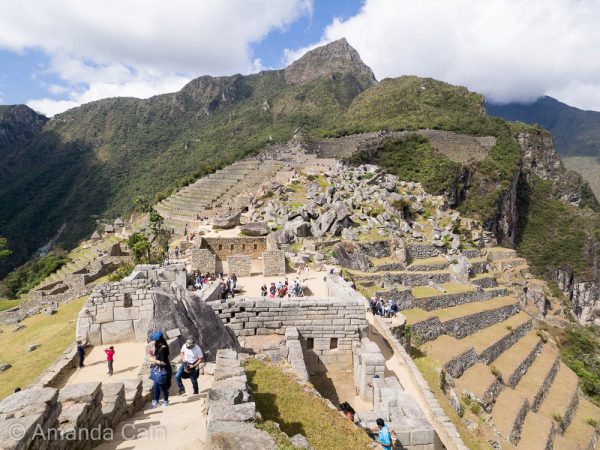 The reverse view of Machu Picchu. In the background you can see Machu Picchu Mountain sticking up waaaaay up into the sky.