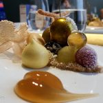 One of several desserts to enjoy during a meal at the Fat Duck. This one combines all the flavour elements of dessert wine in separate spheres.
