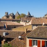 Terracotta rooftops inside the old town of Carcasonne.