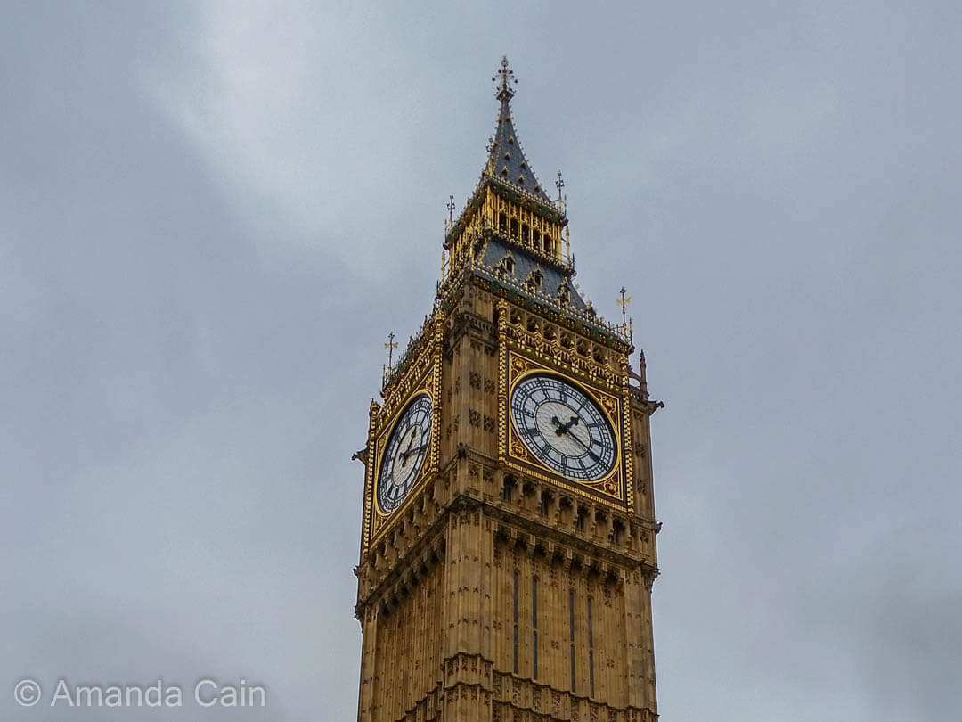 The iconic Big Ben under an iconic grey sky.