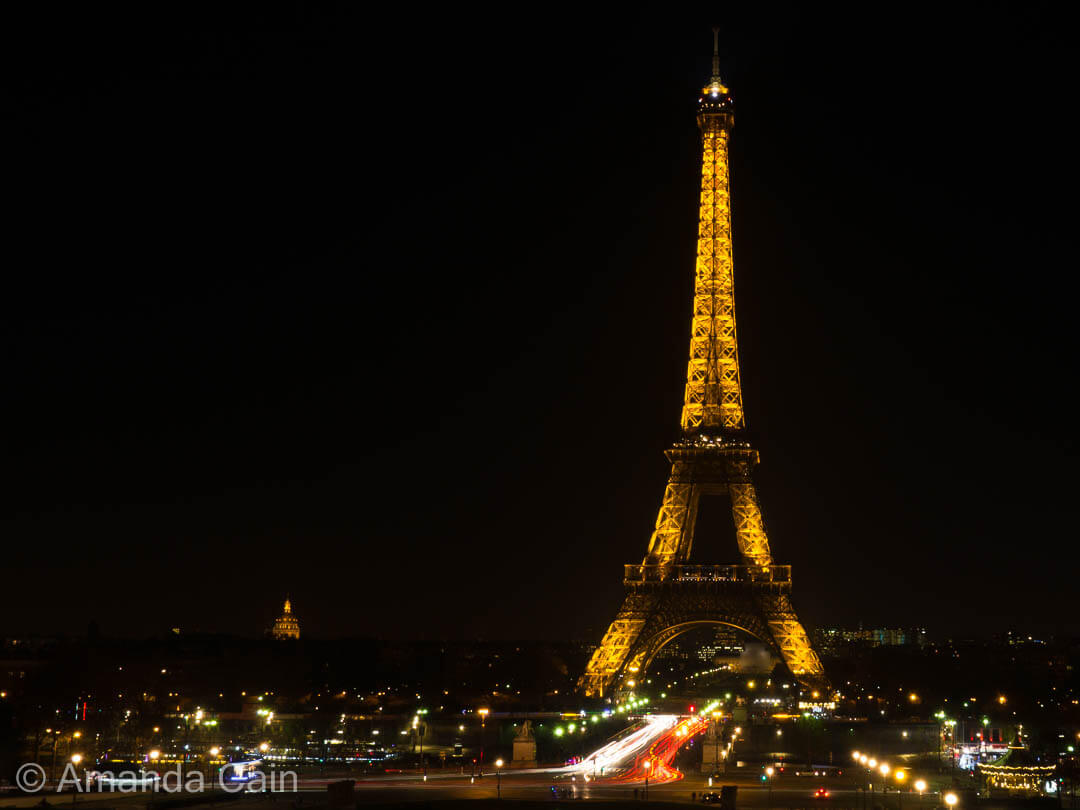 The Eiffel Tower at night.