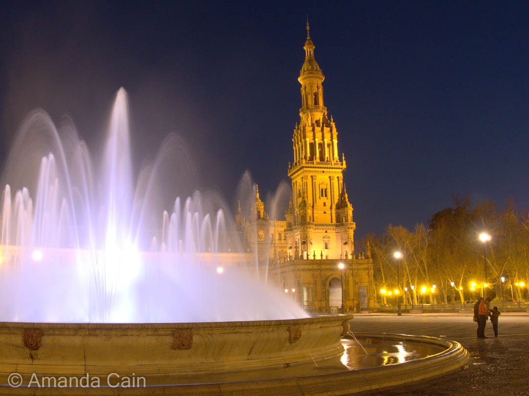 Seville's Plaza de Espana at night.
