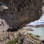 The sea is slowly eroding the cliffs around Balandra Beach so that they have huge overhangs like this.