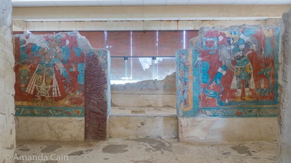An eagle-man and jaguar-man from the ruins of Cacaxtla. These murals are over 1000 years old, and it's amazing to see how detailed and brightly coloured they still are.