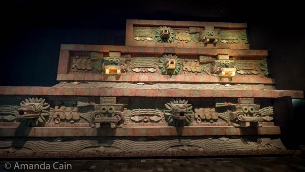 A reconstructed portion of Teotihuacan's Temple of the Feathered Serpent in the Anthropology Museum.