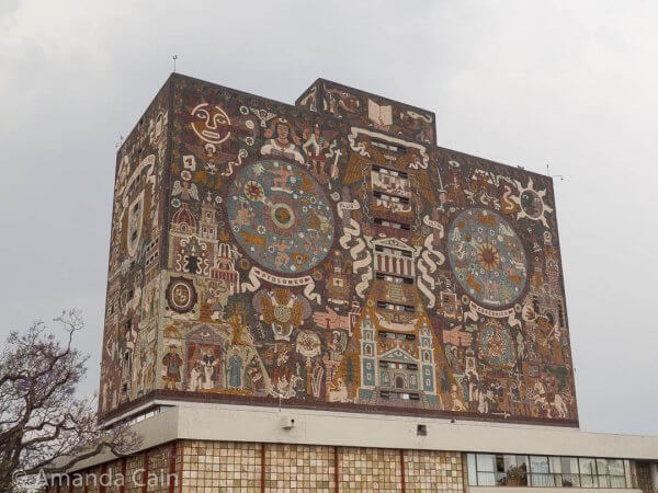 The giant mosaic (Historical Representation of Culture) covering the central library at the National Autonomous University of Mexico (UNAM).