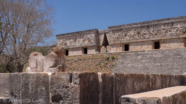 The Governor's Palace of Uxmal, with the double headed jaguar throne in front.
