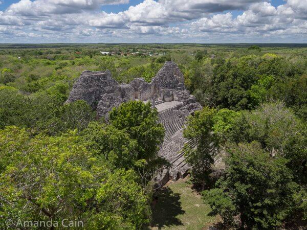 One of the palaces of Becan sticking up out of the jungle.