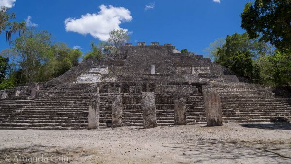 The massive pyramid of Structure 2 in Calakmul. This is one of the largest Mayan pyramids. The base measures 120 metres x 120 metres and it is 45 metres high. One thing that is not clear from this photo is that the steps are twice the height of normal modern steps. It's hard work climbing Mayan pyramids.