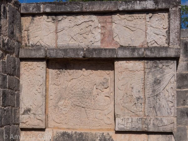 In this carving from Chichen Itza you can see an eagle and a jaguar (both sacred animals to the Mayans) eating human hearts.